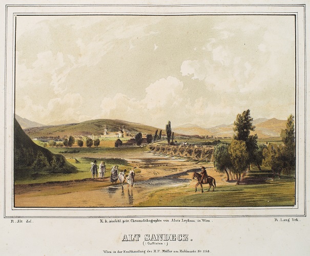 Pejzaż malarski. Na pierwszym planie rozlewisko i kobiety wchodzące do wody. Po prawej stronie jeździec na koniu. W głębi drewniany most i widok na miasteczko. Na horyzoncie maluje się zarys gór. Niebo z białymi chmurami zajmuje 1/2 kompozycji całości. Jest to widok Starego Sącza. 