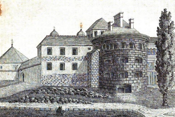 Ilustracja książkowa. Przedstawia widok na zamek i zabudowania. Na froncie murowana rotunda - budowla w układzie centralnym, wzniesiona na planie koła. Jest to zamek w Brzeżanach. 


