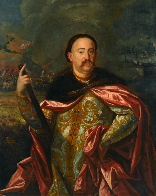 Portret przedstawia Jana III z regimentem w dłoni, ubranego w strój polski - żupan i delię. Rozgrywająca się w tle bitwa to najpewniej przedstawienie bitwy pod Chocimiem. 