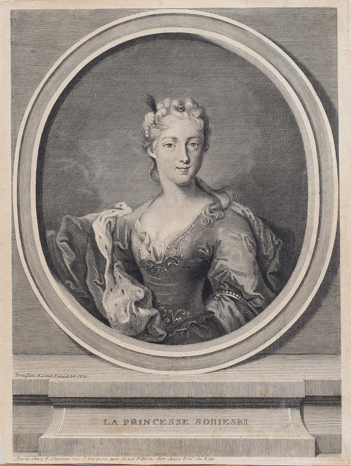 Grafika przedstawia portret młodej kobiety. Ubrana jest w zdobioną suknię z dużym dekoltem.  Ma duże oczy, pociągłą twarz i włosy misternie upięte do tyłu. Jest to Portret Marii Klementyny Sobieskiej.