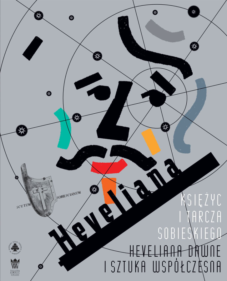 Okładka do książki "Księżyc i Tarcza Sobieskiego. Heveliana dawne i sztuka współczesna". przedstawieniem graficznym. Jest to grafika, która przedstawia głowę  mężczyzny. Pośrodku napis Heveliana.