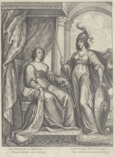 Grafika przedstawia dwie kobiety. Pierwsza z nich ma na głowie hełm z pióropuszem. W prawej ręce trzyma oszczep, w lewej tarczę. Stoi przy kobiecie siedzącej na tronie pod baldachimem. Kobieta ta ma suknię z dużą dekoltem i ubrana jest w płaszcz podszyty futrem. Na szyi ma sznur pereł. W lewej ręce trzyma buławę. Jest to Henrietta Maria i Minerwa. 